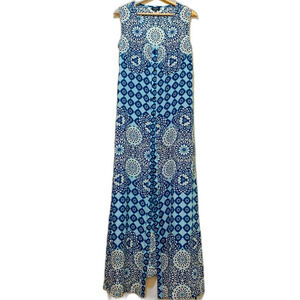Tolani Blue Geometric Sleeveless Silk Maxi button front shirt Dress size xs